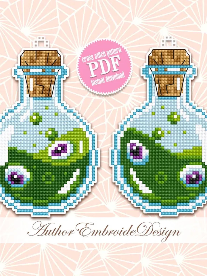 Potion bottle cross stitch pattern PDF download Double-sided Halloween ornament cross stitch chart, Halloween tree decor, Witch bottle #H72