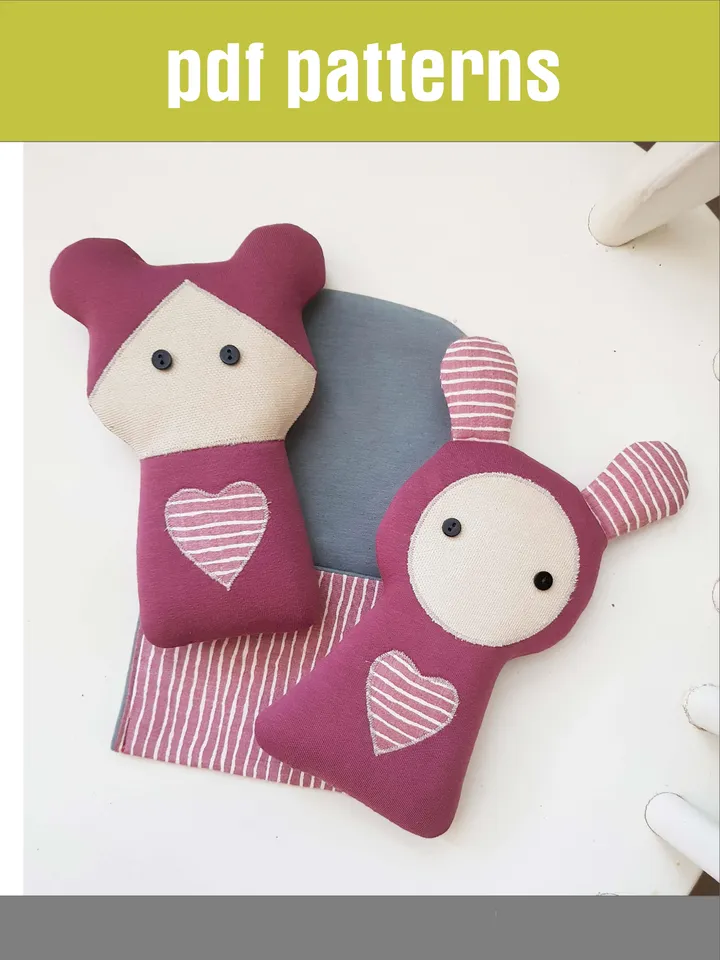 set of 3 sewing patterns mini doll & rabbit in sleeping bag, 3 digital tutorials in English, rag dolls sewing diy