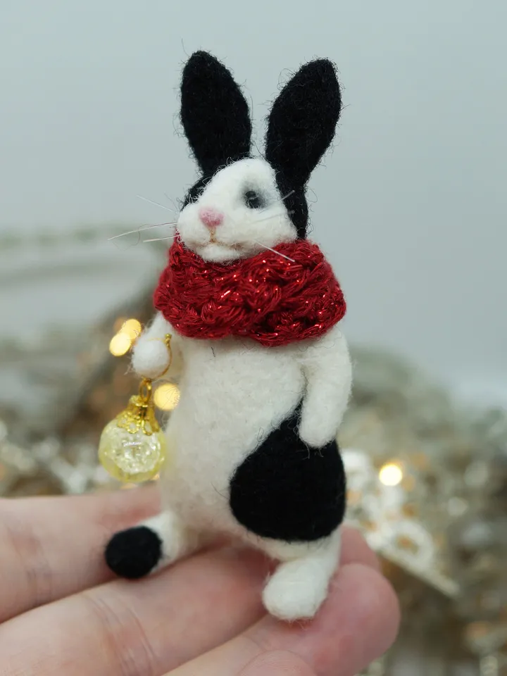 Oswald the rabbit, needle felted black and white rabbit, Christmas gift, made to order