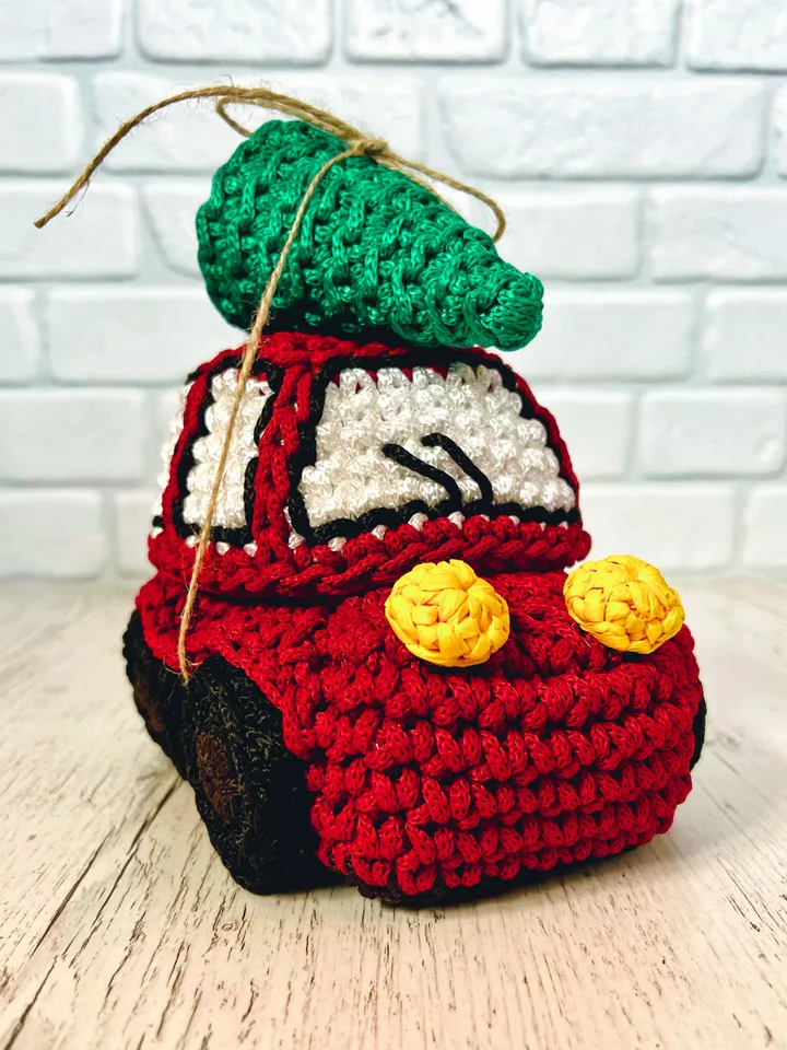 Christmas car with tree, interior basket, crochet decor, gift ornaments, sweet storage