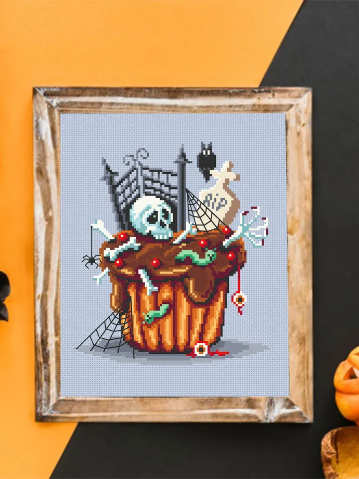Halloween cupcake cross stitch pattern download PDF Spooky cross stitch Baking Beginner stitch Happy Halloween embroidery Sweet Food #H16