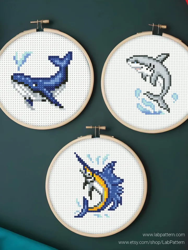 Bundle mini Fishes 8 Cross stitch patterns, contemporary, Abstract, 3 inches, beginner, modern chart, gift DIY, embroidery, instant PDF