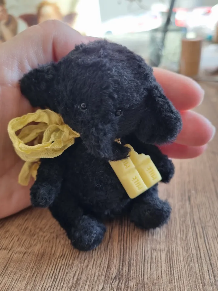 Handmade teddy baby elephant. Plush teddy elephant toy. Artist elephant gift. Black elephant. Present.