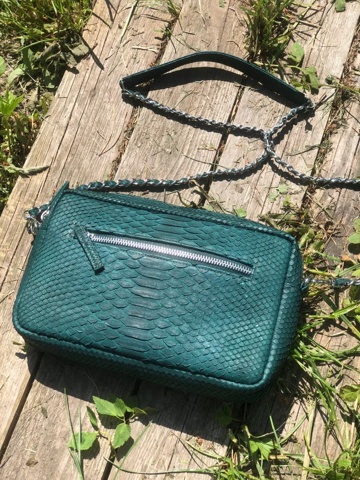 Genuine Python Skin Bag Dark Green Color | Exotic Leather Babs | Snake Skin Bag | Women Classy Elegant  Chain Crossbody Shoulder Purse Green