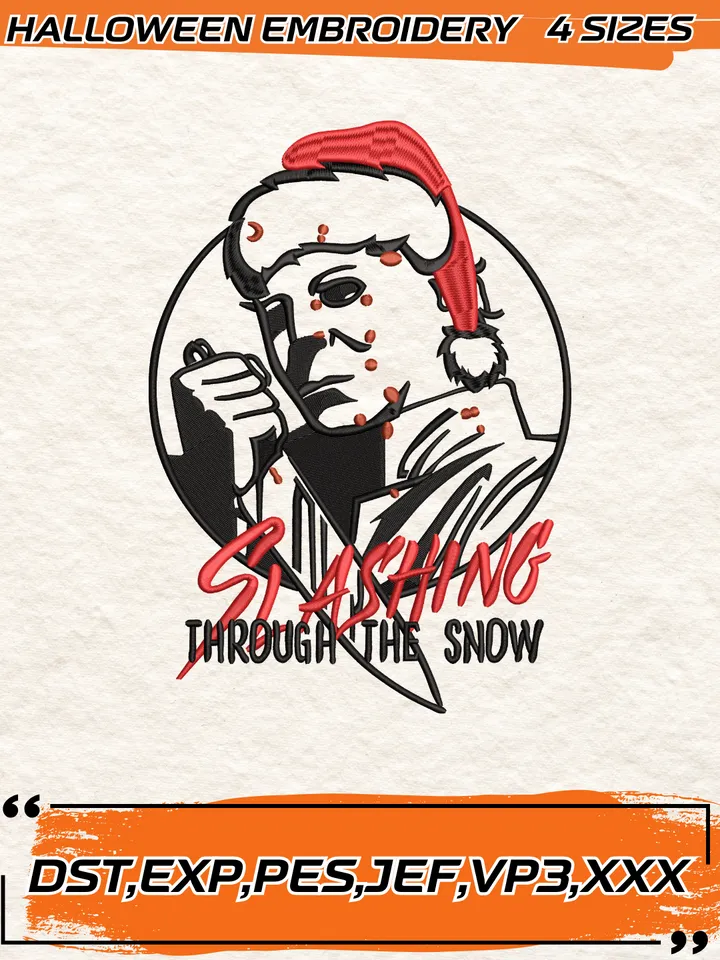 Slashing Through The Snow Embroidery Design, Michael Myers Christmas Embroidery Digitizing File, 4 Sizes, Digital Download