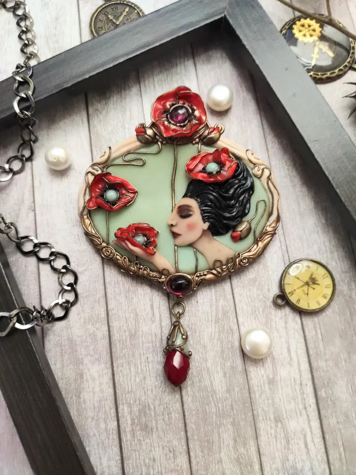 Brooch Virgo with poppies, poppies pendant, Brooch with poppies,Red poppies