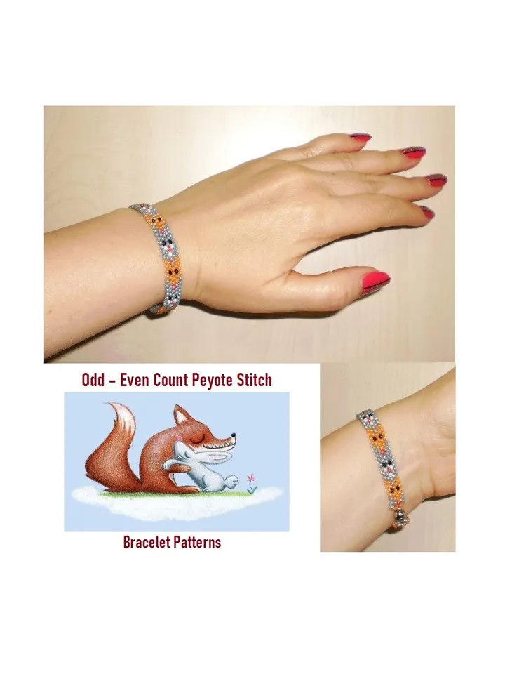Flat Even & Odd Count Peyote Stitch Beading Patterns «Fox and Rabbit» Cuff Bracelets, Miyuki Delica or Czech beads Preciosa, Instant Download