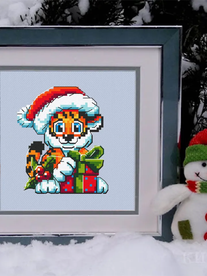 Cute Christmas tiger cross stitch pattern download PDF Small Christmas pattern digital Quick cross stitch chart Baby animal embroidery #N28