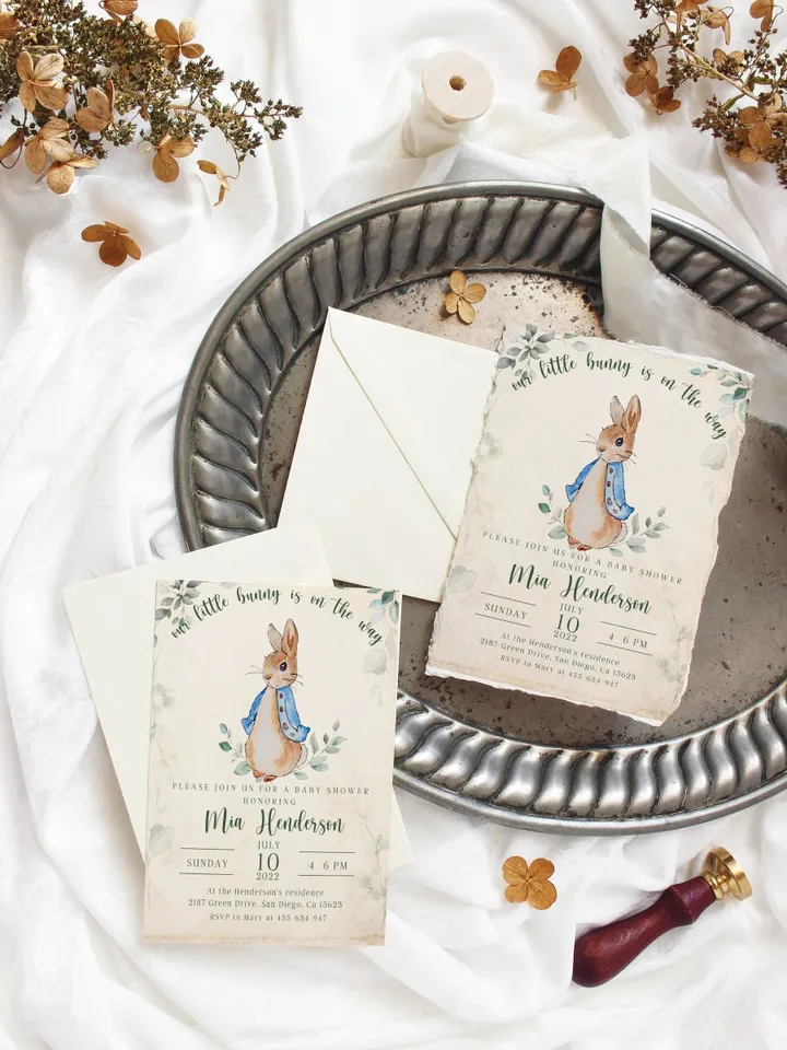 Peter Rabbit Baby Shower Invitation; Neutral Baby Shower Bunny invite; Editable Bunny Baby shower template; BabyBoy Invite; Bunny on the way