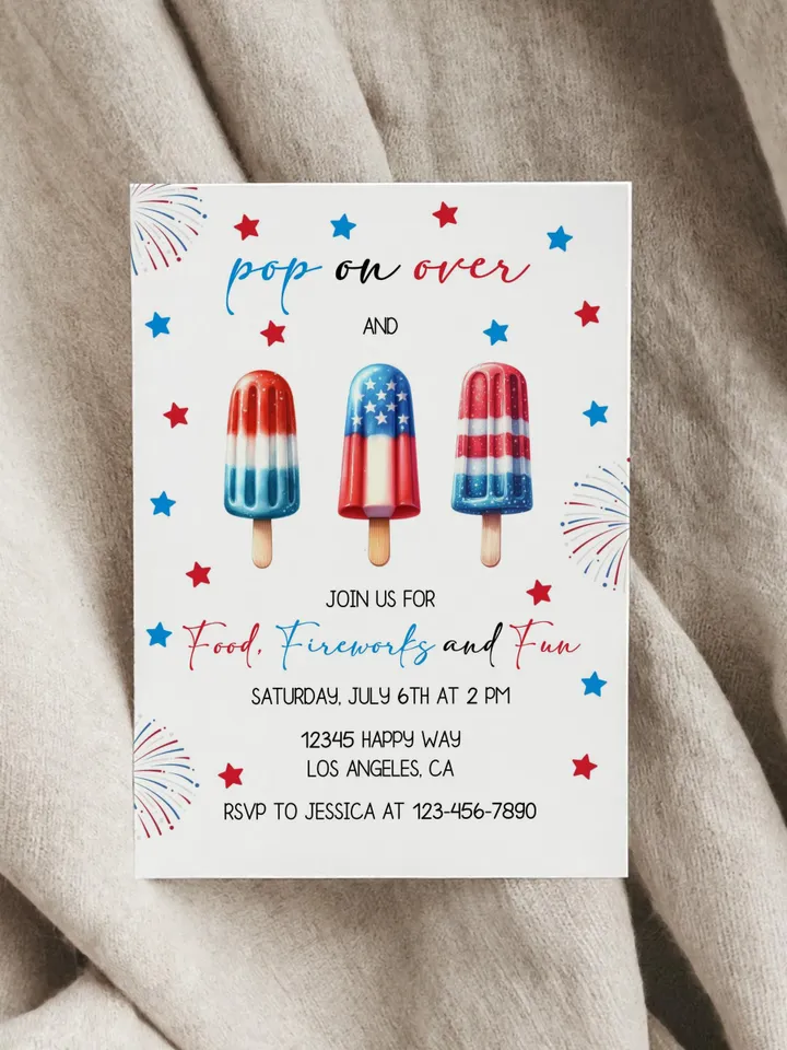 4th of July Invitation, Independence Day party Invite, Popsicles Pop on Over Invitation, Patriotic Party Invitation, Editable Canva Template