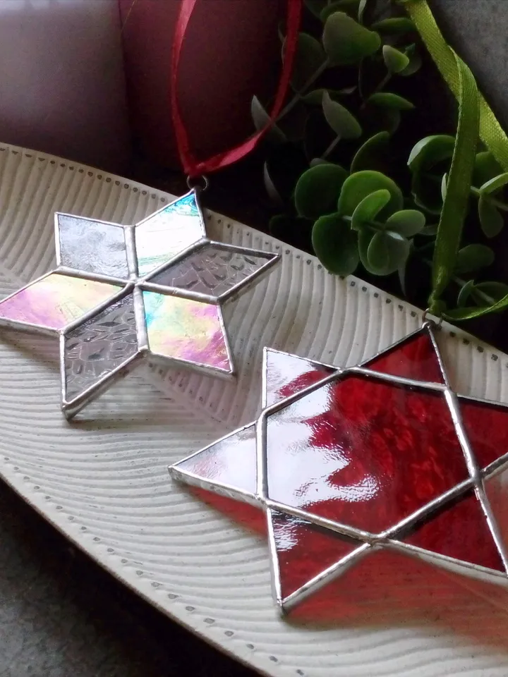 Set of 2 snowflake suncatchers, christmas ornaments, simple stained glass, Christmas decorations, Xmas tree star