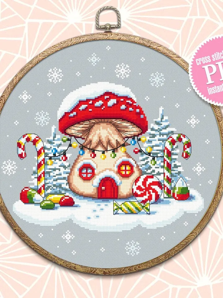 Christmas mushroom cross stitch pattern PDF download, Fairy house cross stitch chart, Magic Fly agaric Amanita, Sweet Christmas candy #N82