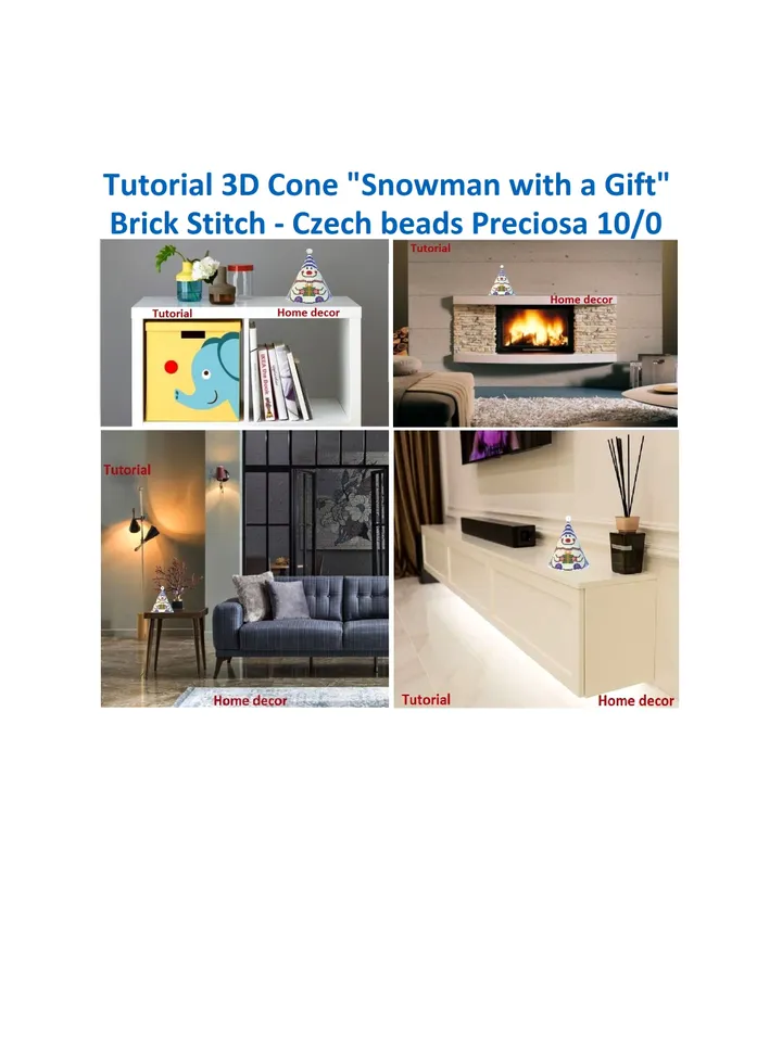 Tutorial 3D Cone "Snowman with a Gift", Brick Stitch, Czech beads Preciosa 10/0, Home decor, Christmas tree toy, Instant Download, PDF file
