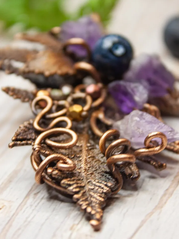 Copper handmade fern leaf brooch, amethyst buds, blueberry beads, nature jewelry, forest bunch, great gift for her, electroforming