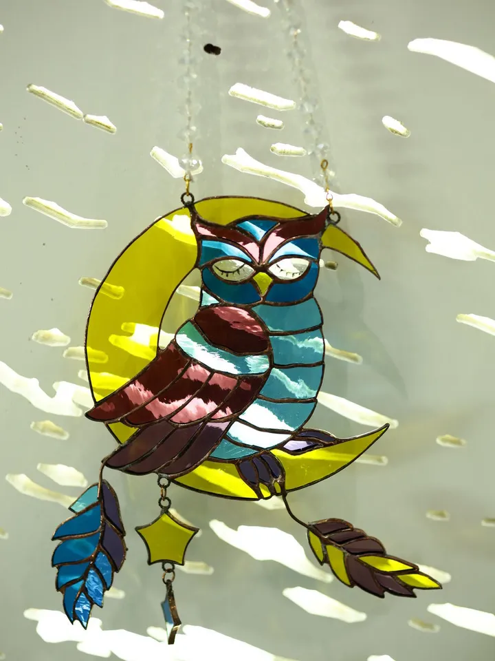 Stained Glass: Owl on the Moon, Stained Glass Owl on the Moon, Baby Room Hanging Owl and Stars, Moonlight Owl Stained Glass Mobile, Whimsical Owl and Moon Nursery Decoration, Handcrafted Stained Glass Owl for Kids' Room, Dreamy Owl and Moon Window Suncatc
