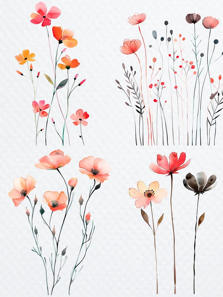 28 Minimalistic Flowers PNG Clipart, Watercolor Flowers sublimation print, Printable Wildflowers clipart, Paper craft, junk journals