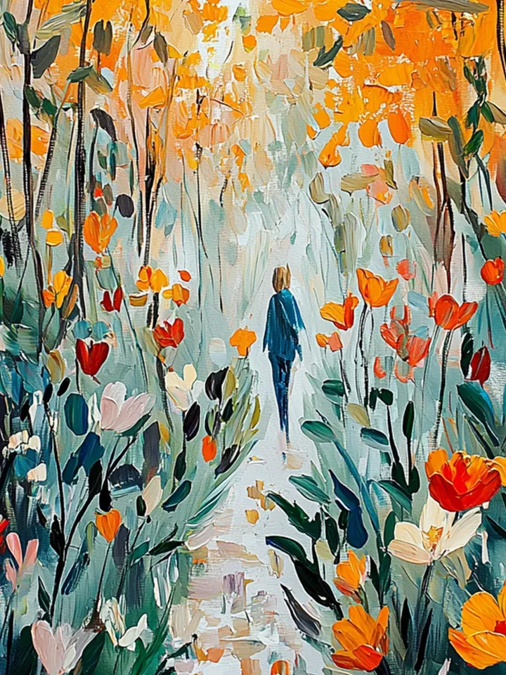 Impasto Autumn Forest Path Oil Painting on Canvas, Woman Walking in Woods, Textured 3D Landscape Art, Nature Wall Art Decor,Fall Foliage Art