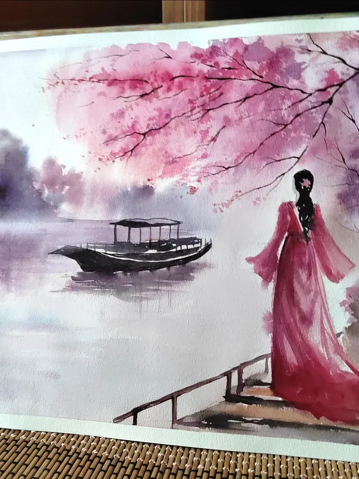 Japan Landscape Painting Original Watercolor Art Sakura blossoms Artwork 11.81x15.75 in by SoftWaves