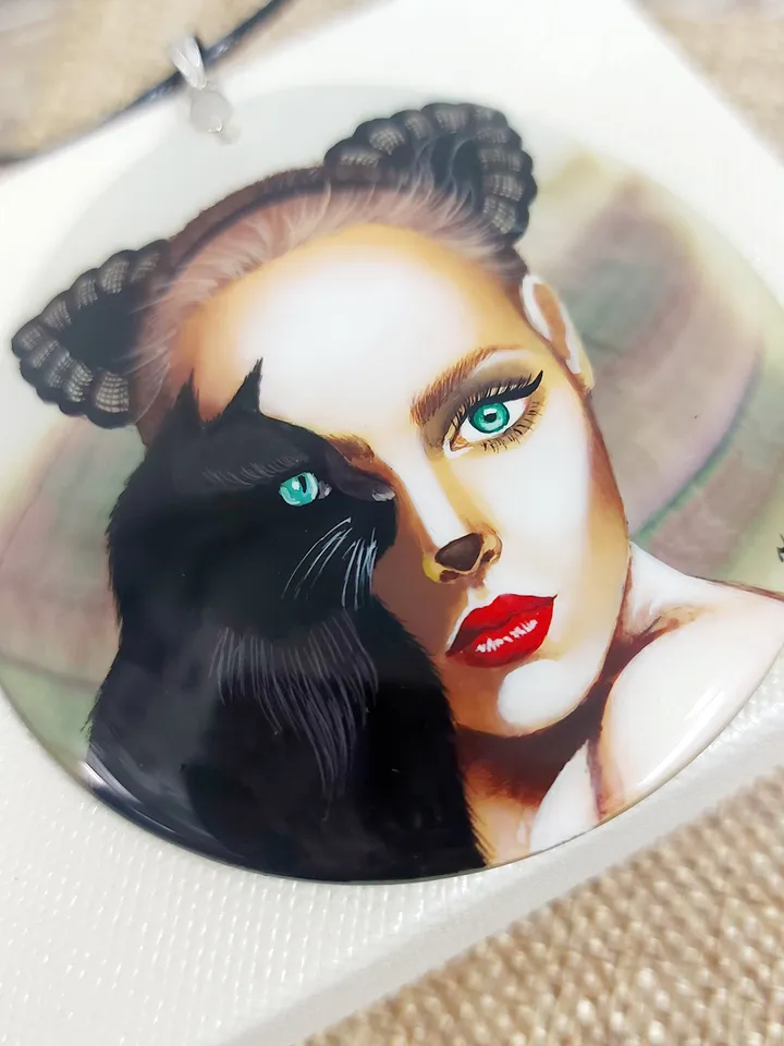 Pearl pendant necklace: Catwoman with Green Eyes and black Cat on handmade jewelry pendant • Statement dainty necklace for evening dress
