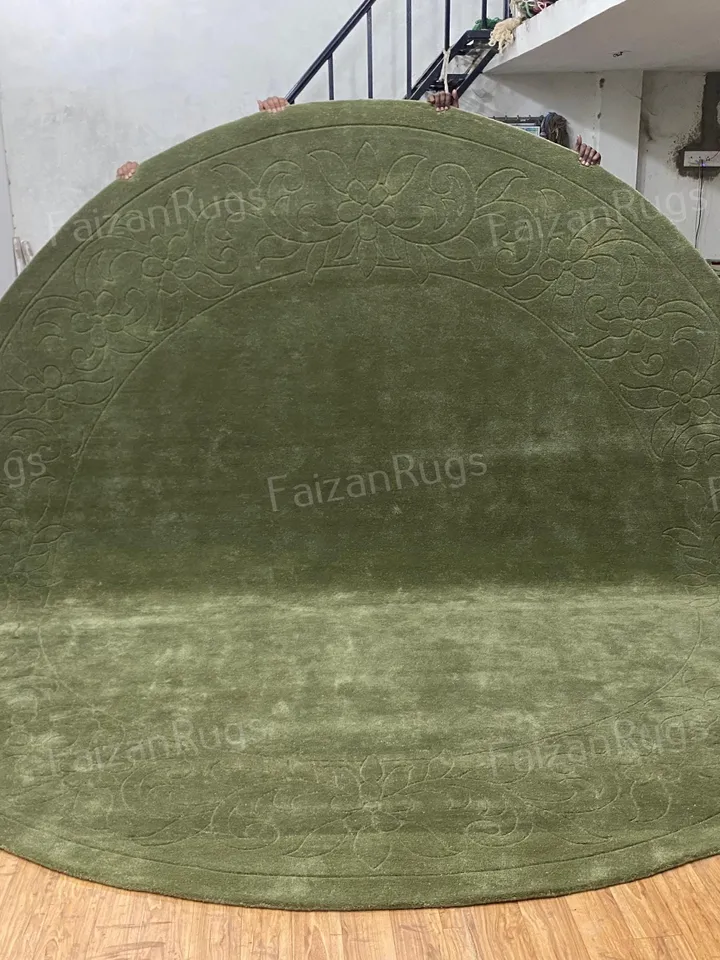Ready to Ship 11x11 Green Hand Tufted Rug | Hand Carving Rug | Circle Shape Rug 100% Wool For Kids Room | Living Room | Bed Room Nursery