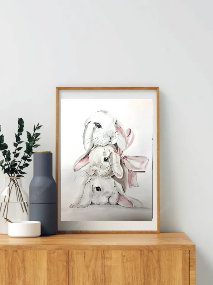 Cute bunnies painting children room wall art original watercolour hand painted modern painting