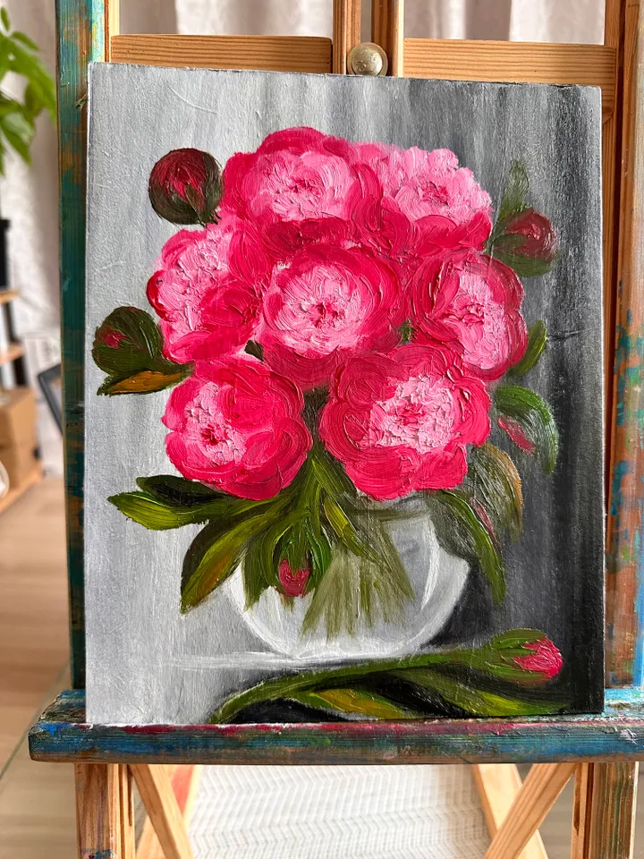 Oil Painting Bouquet of Pink Peonies in a Glass Vase Peonies Flowers Still Life Nature Wall Decor Cardboard 10x8 inches 26x21 cm