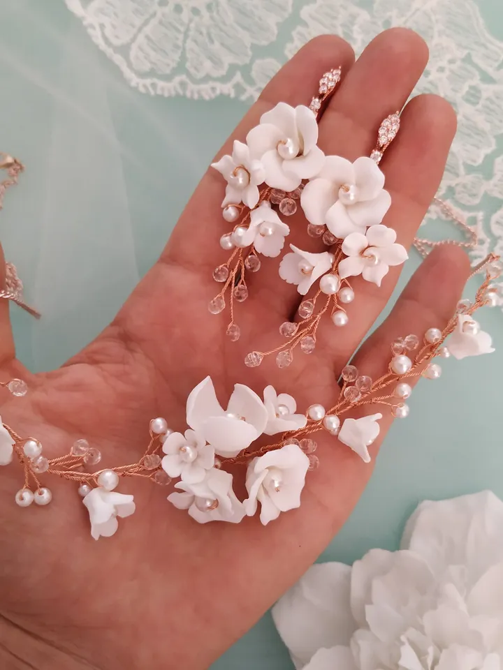 White Porcelain Flowers Gold | Rose Gold Wedding Necklace Set, Boho Wedding Earrings, Boho Bridal Earrings, Floral Wedding Jewelry Set,