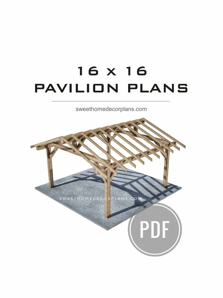 Diy 16 x 16 gable pavilion plans pdf. Carport plans. Square outdoor covered gazebo plans. Diy backyard timber frame plans for outdoor. Garage plans