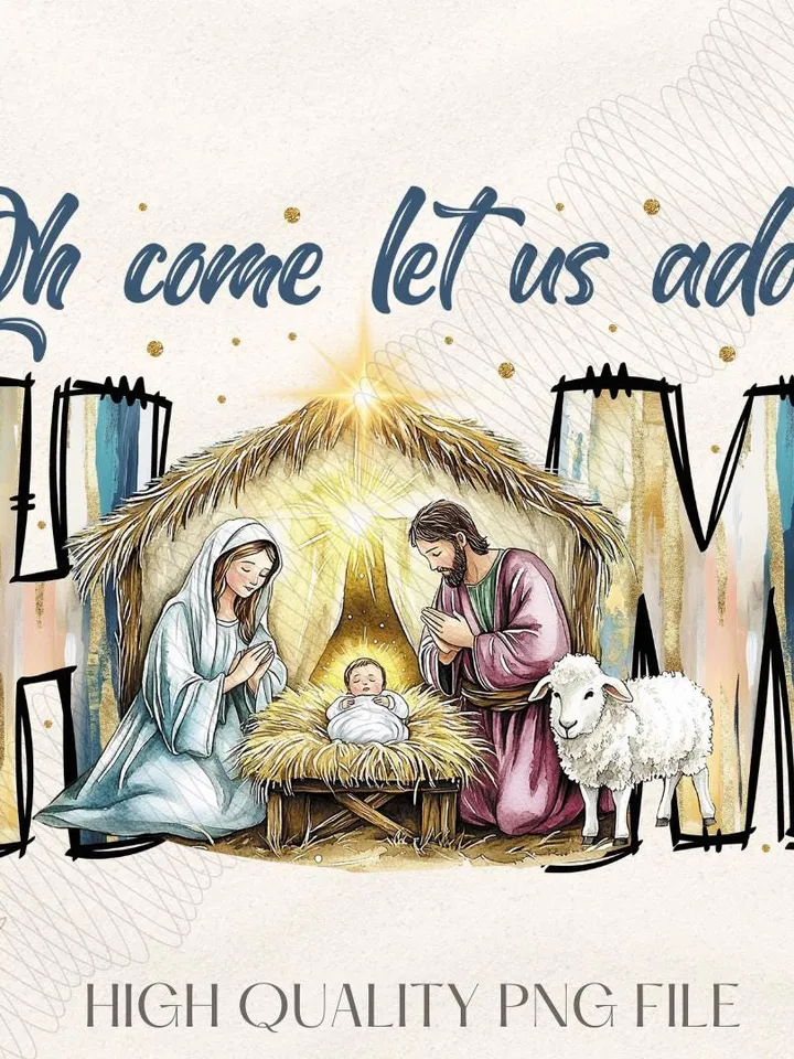 Oh Come Let Us Adore Him Png, Nativity Scene Christmas Png, Coquette Jesus Christmas Png, Baby Jesus Png, Oh Holy Night Png, Hand Drawn