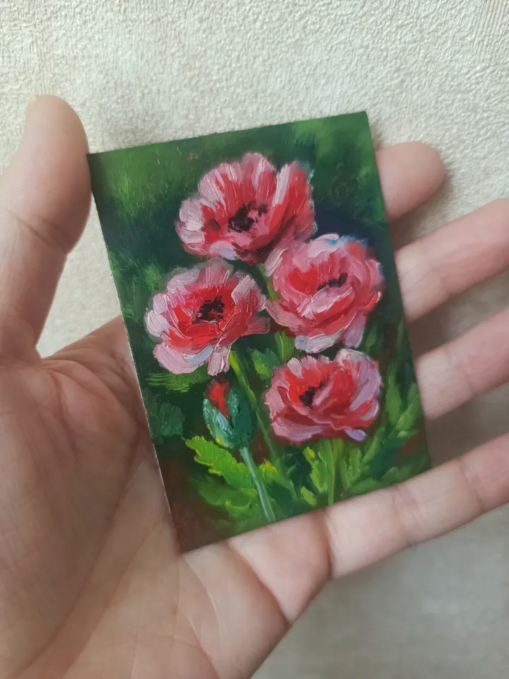 Original oil painting ACEO, Red-pink poppies, Red flowers, Blooming garden, Collection card 2,5x3,5 in