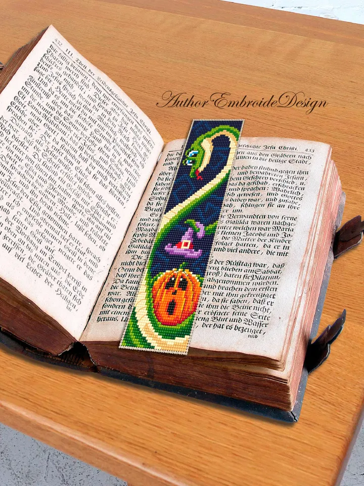 Halloween bookmark cross stitch pattern PDF download Snake cross stitch chart, Bookmark pattern digital PDF, Halloween pumpkin stitch #B360