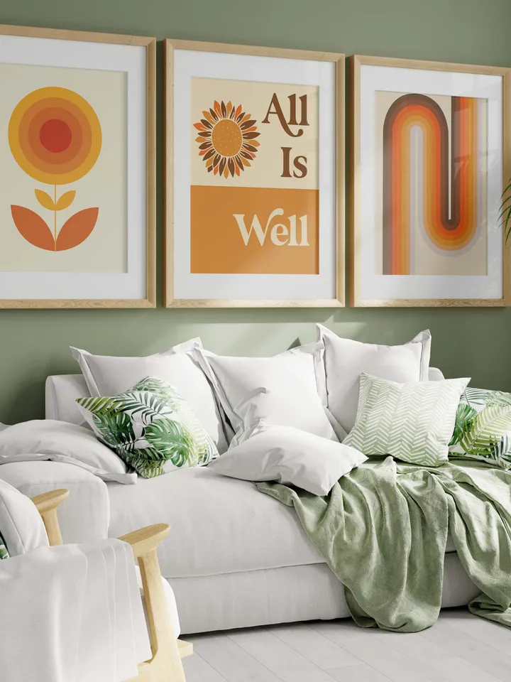 Mid Century Modern Geometric Lines Flower Sunshine Abstract Poster Wall Pictures For Living Room Decor Retro 70s Stripes Art Prints Bauhaus