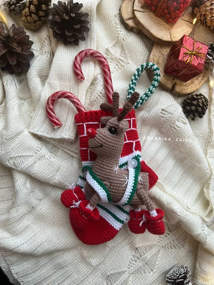 PDF Christmas Stocking, Christmas amigurumi pattern, Christmas ornament sock, Christmas decoration, Christmas crochet deer, Christmas animal