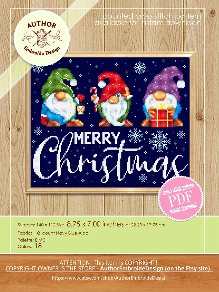 Christmas gnomes cross stitch pattern PDF download, Merry Christmas cross stitch chart Winter gnome pattern digital PDF Gnome ornament #N125