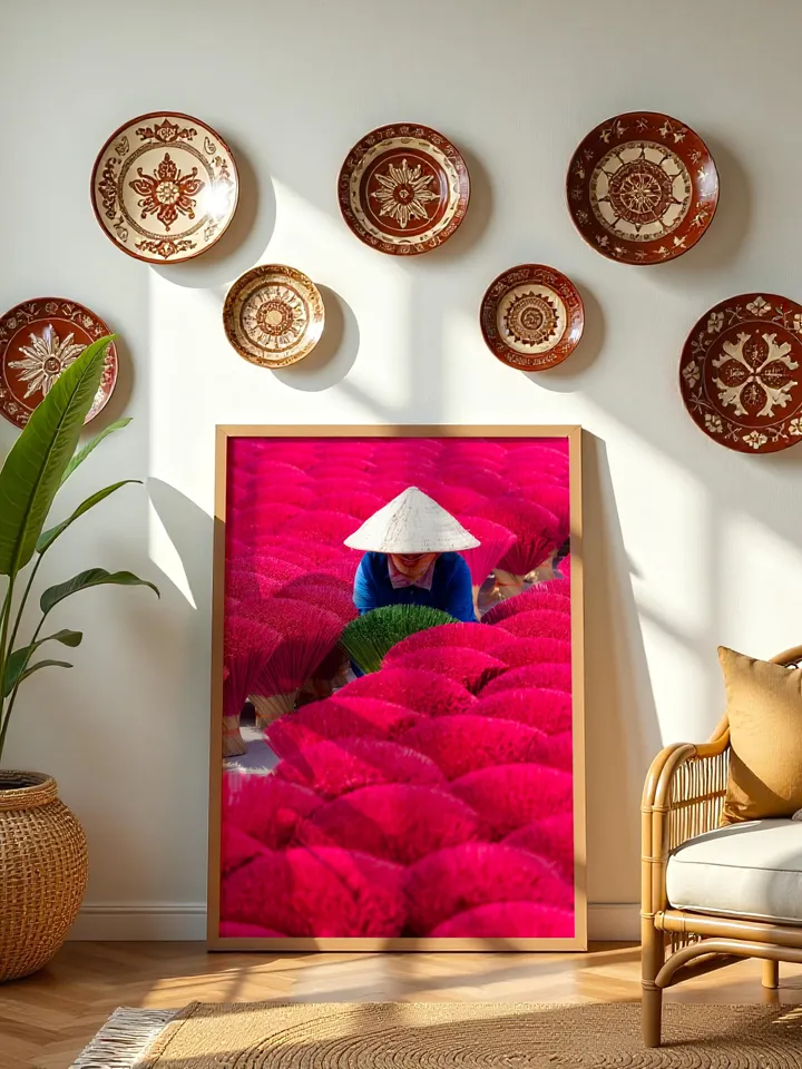 Vietnam Culture Poster | Vibrant Pink Wall Decor | Asian Travel Print | Exotic Home Art | Vietnamese Traditional Life Print | Incense Sticks