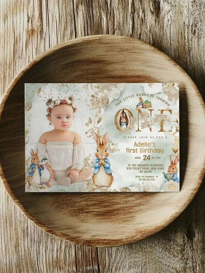 Editable and Printable Invitation template for 1st Baby Birthday party in Peter Rabbit style instant download and unlimited access pr888