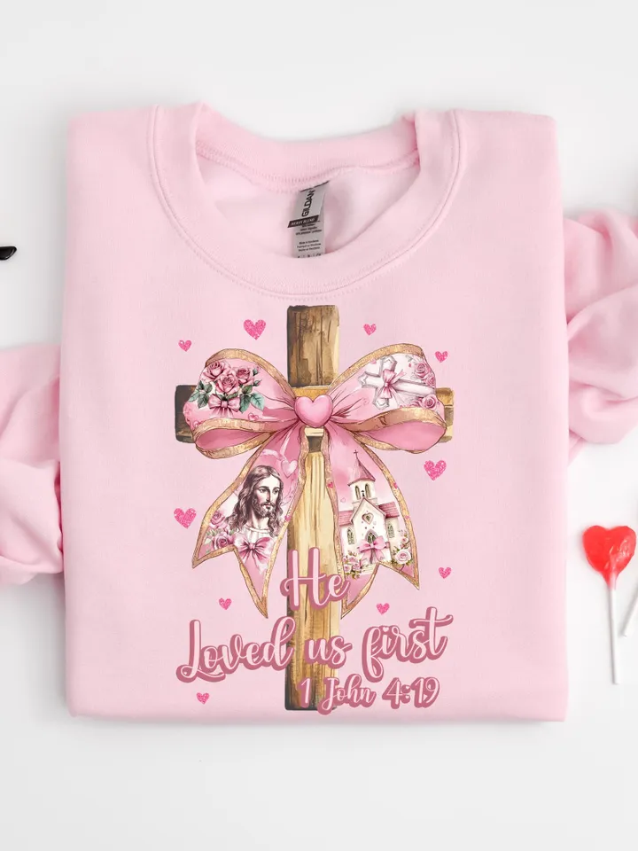 He Loved us first Png, Valentine Png, Valentine Bow Png, Christian Cross Png, Bible verse Png, Love like Jesus, Jesus Valentine png John 4