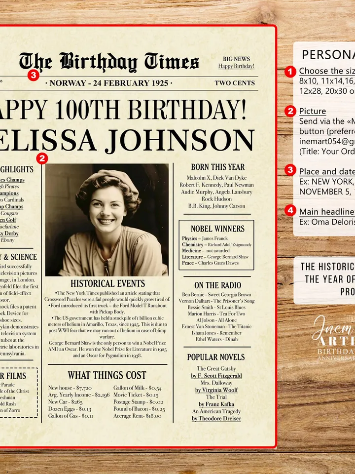 100th Birthday Newspaper Poster for Grandma β Born in 1925, Back in 1925 Printable Sign, Personalized Vintage 100th Birthday Gift