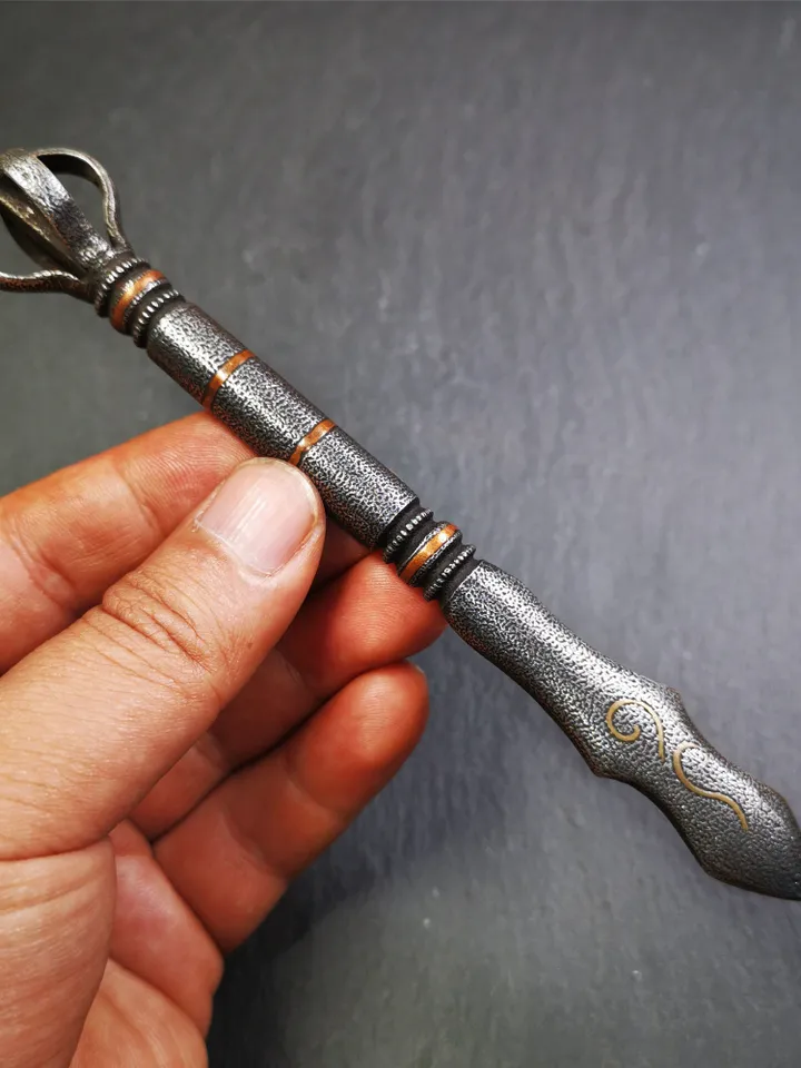 Gandhanra Handmade Tibetan Buddhist Ritual Implement - Kila -Dorje Phurba,Made of Cold Iron inlaid with Copper,5.1"