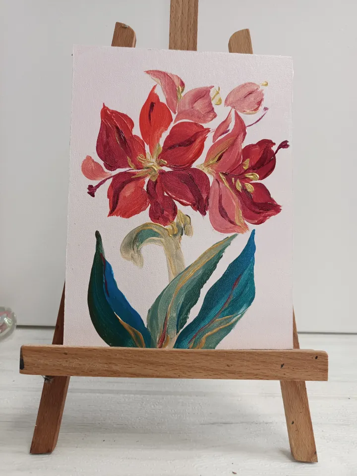 Painting "Red Amaryllis"/cardboard 6"x8", acrylic, original work.