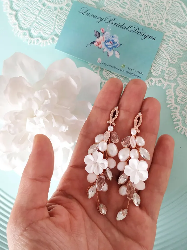 Rose Gold Delicate Porcelain Flowers Boho Wedding Earrings, Freshwater Pearl Chandelier Bridal Earrings, Diamond Statement Wedding Jewelry