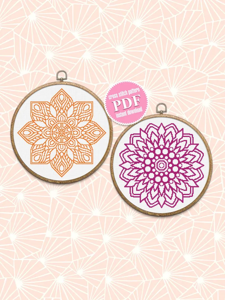 Flower Mandala set cross stitch pattern download PDF Monochrome mandala cross stitch chart, Floral ornament embroidery PDF, Home decor #S5