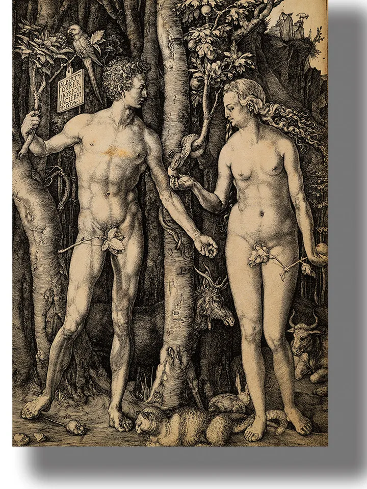 Adam and Eve and the Tempter Serpent at the Tree of Knowledge.
