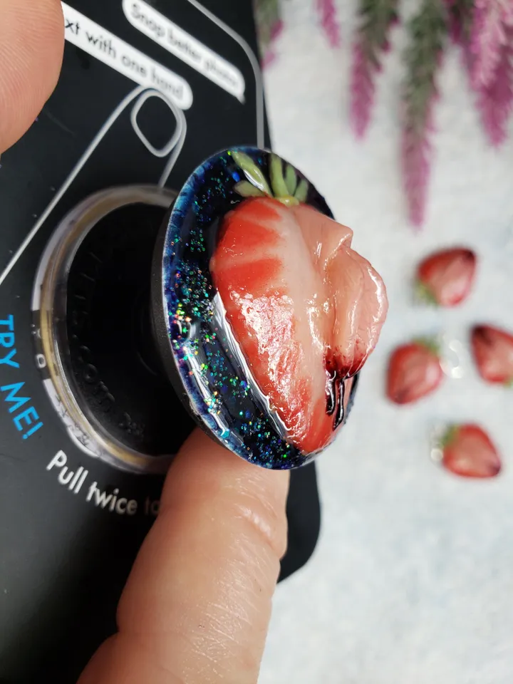 Strawberry phone grip, not swappable popsockets, polymer clay