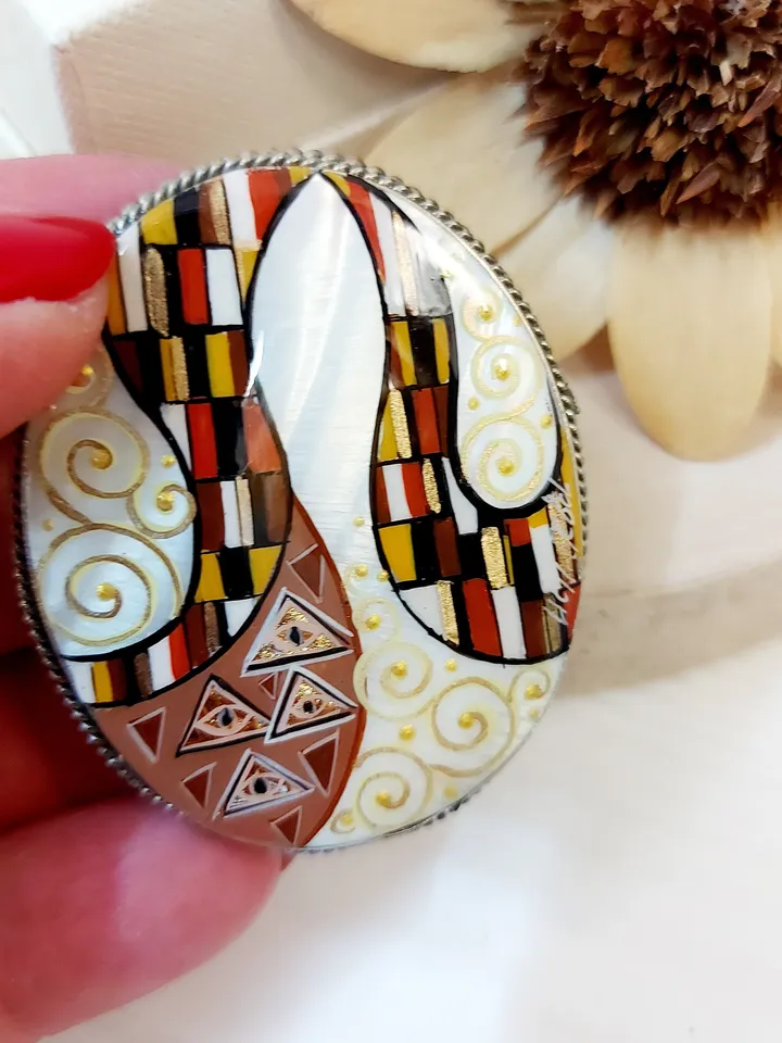 Brooches for women: Art inspired abstract mother of pearl brooch, shell jewelry originally hand-painted in Gustav Klimt's Art Nouvau style