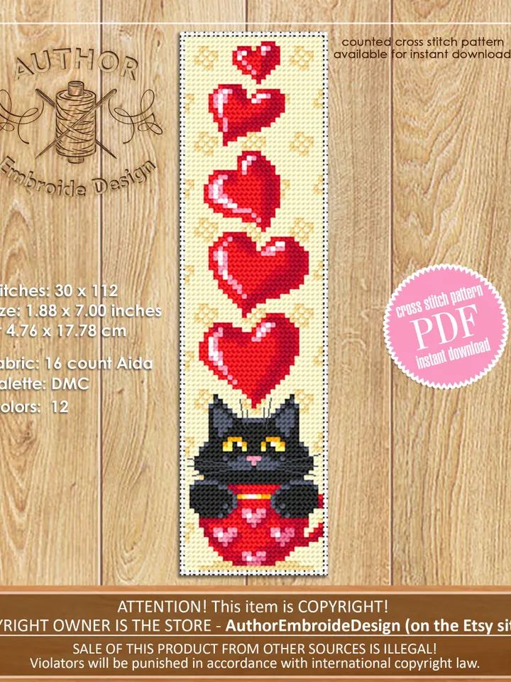 Cat Bookmark set cross stitch pattern download PDF Handmade bookmark cross stitch, Funny Black cat cross stitch chart, Cat lover gift #B113