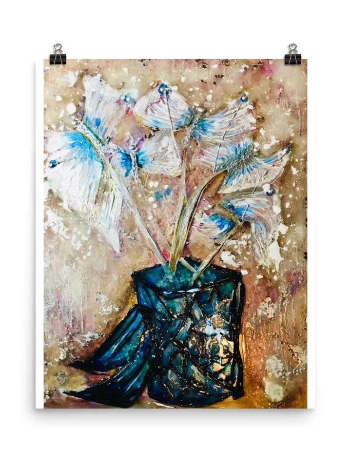 Fantasy butterflies in a vase Poster made from my original stained glass painting,unique design,home decor gift.