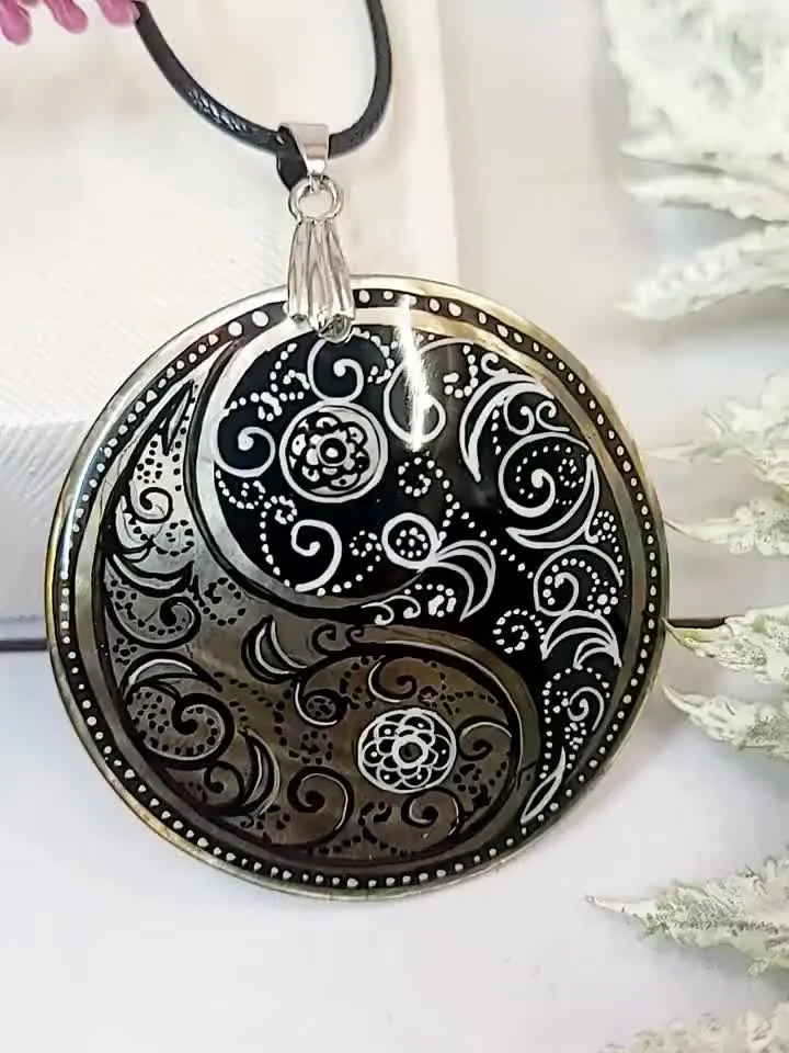 Pearl pendant necklace: Black paisley pattern in Yin Yang symbol hand painted on mother of pearl necklace • handmade boho jewelry pendant