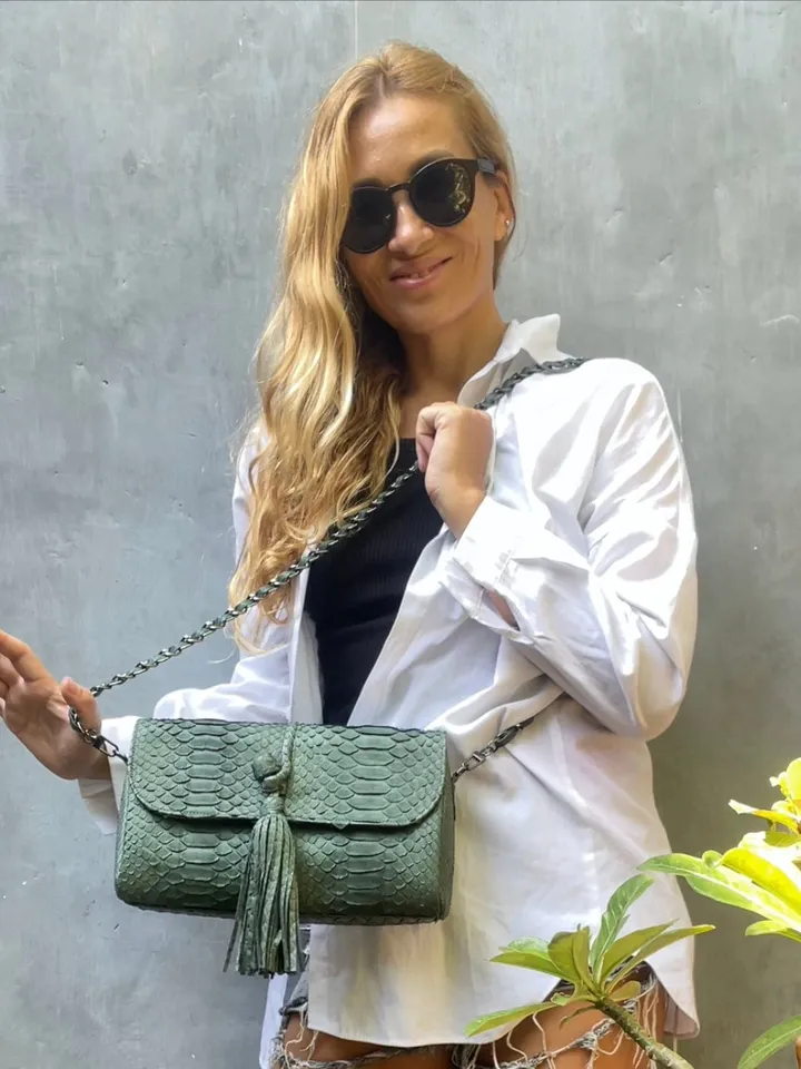 Genuine Python Skin Clutch with tassel |women purse | exotic leather bags | dark green evening clutch | designer crossbody bag handmade