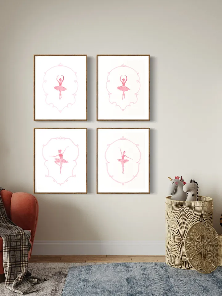 Pink Set Of 4 Ballet Nursery Wall Art Prints, Watercolor Painting, Kids Ballet Prints, Blush Ballerina, Girls Ballet Prints, Vintage Dance